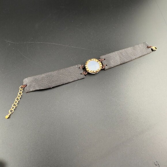 Artisan Handmade Leather Strap Bead Chaledoncy Stone 14k Gold Filled Bracelet - Picture 7 of 7